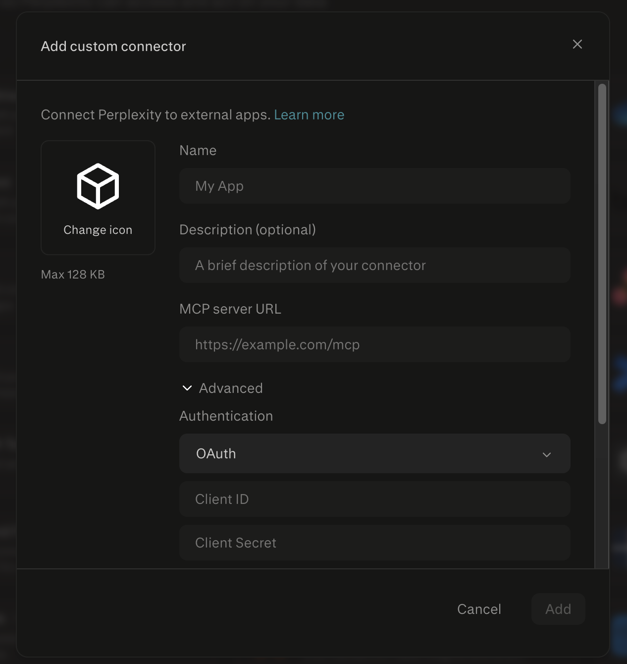 The Add custom connector form filled out with the Public.com hosted MCP details